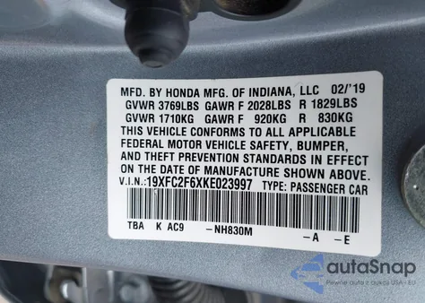 2019 Honda Civic Lx из США, поврежденный, VIN 19XFC2F6XKE023997